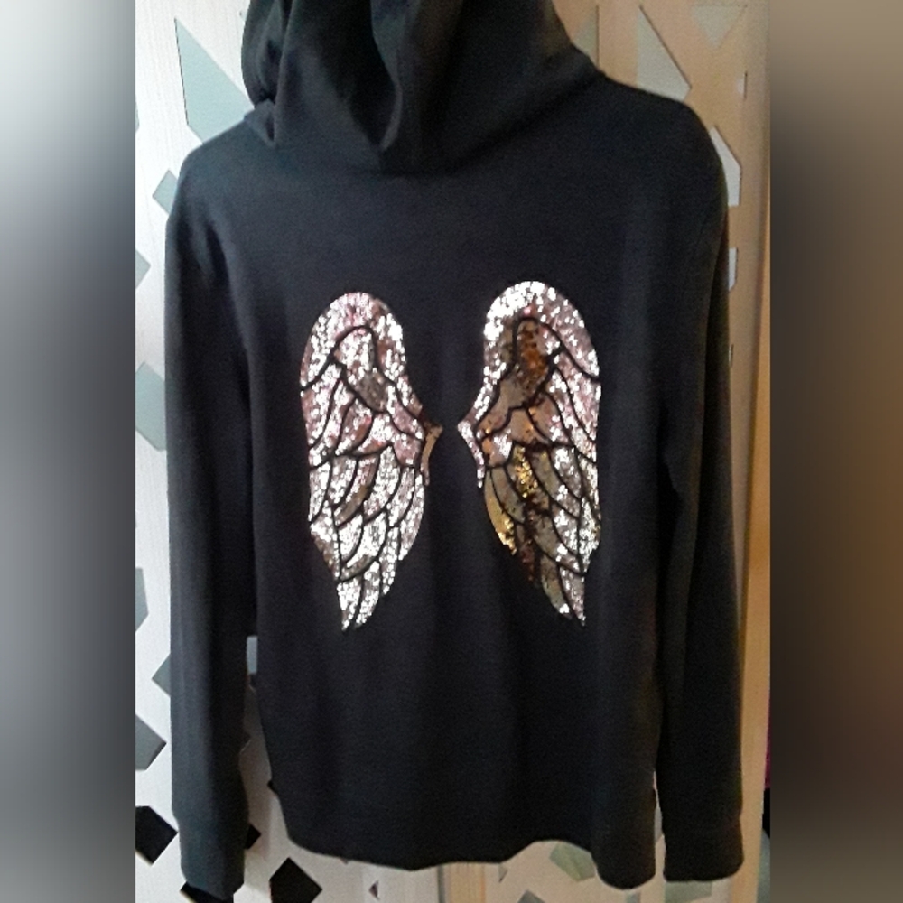 Charcoal Gray Hoodie With Gold Sequin Angel Wings